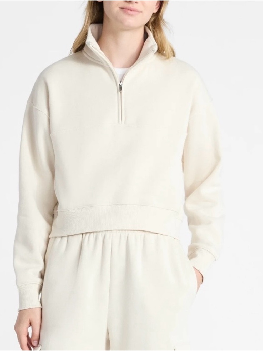 Cream Quarter-Zip Crop Pullover Sweatshirt